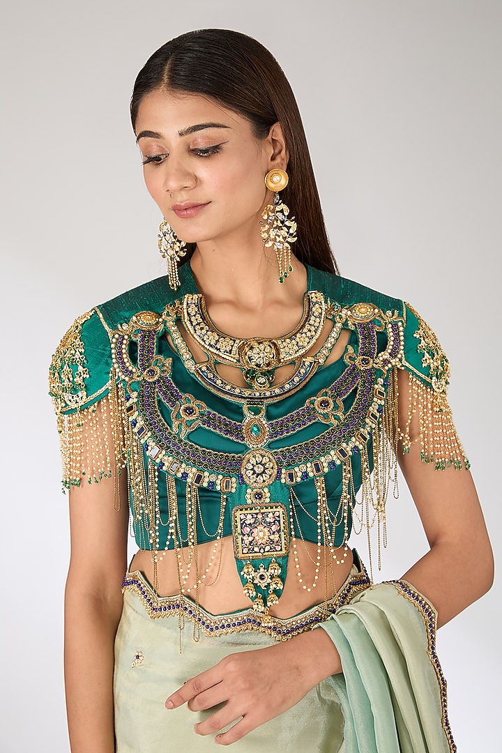 Green Tissue Georgette Embroidered Jacket Reception Saree Set by Pankaj S Heritage at Pernia's Pop Up Shop